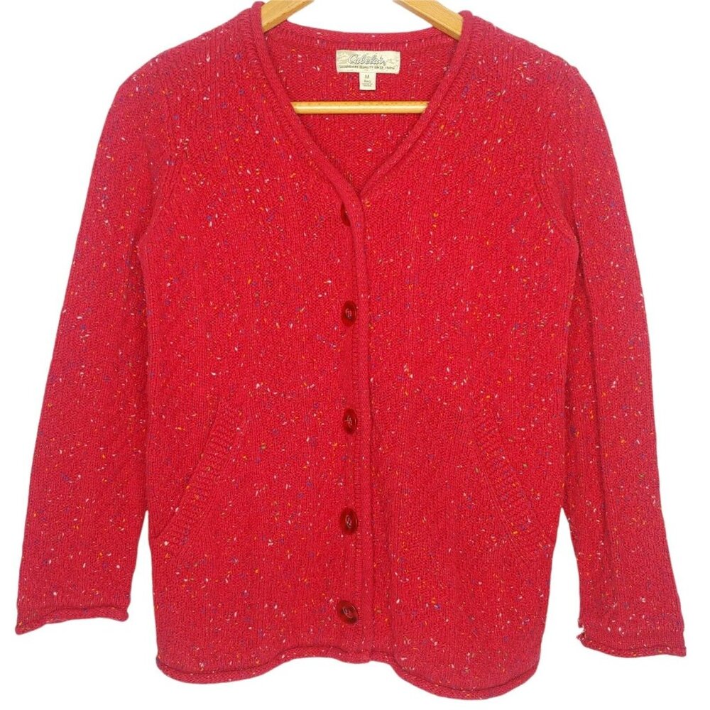 Cabelas Womens M Cardigan Sweater Red Speckled V Neck Roll Hem Pockets Holiday